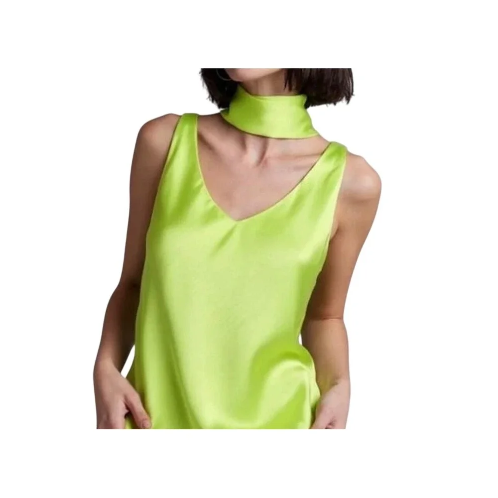 The Empower Satin Cami Neon Green V-Neck Tank Top with Scarf Medium