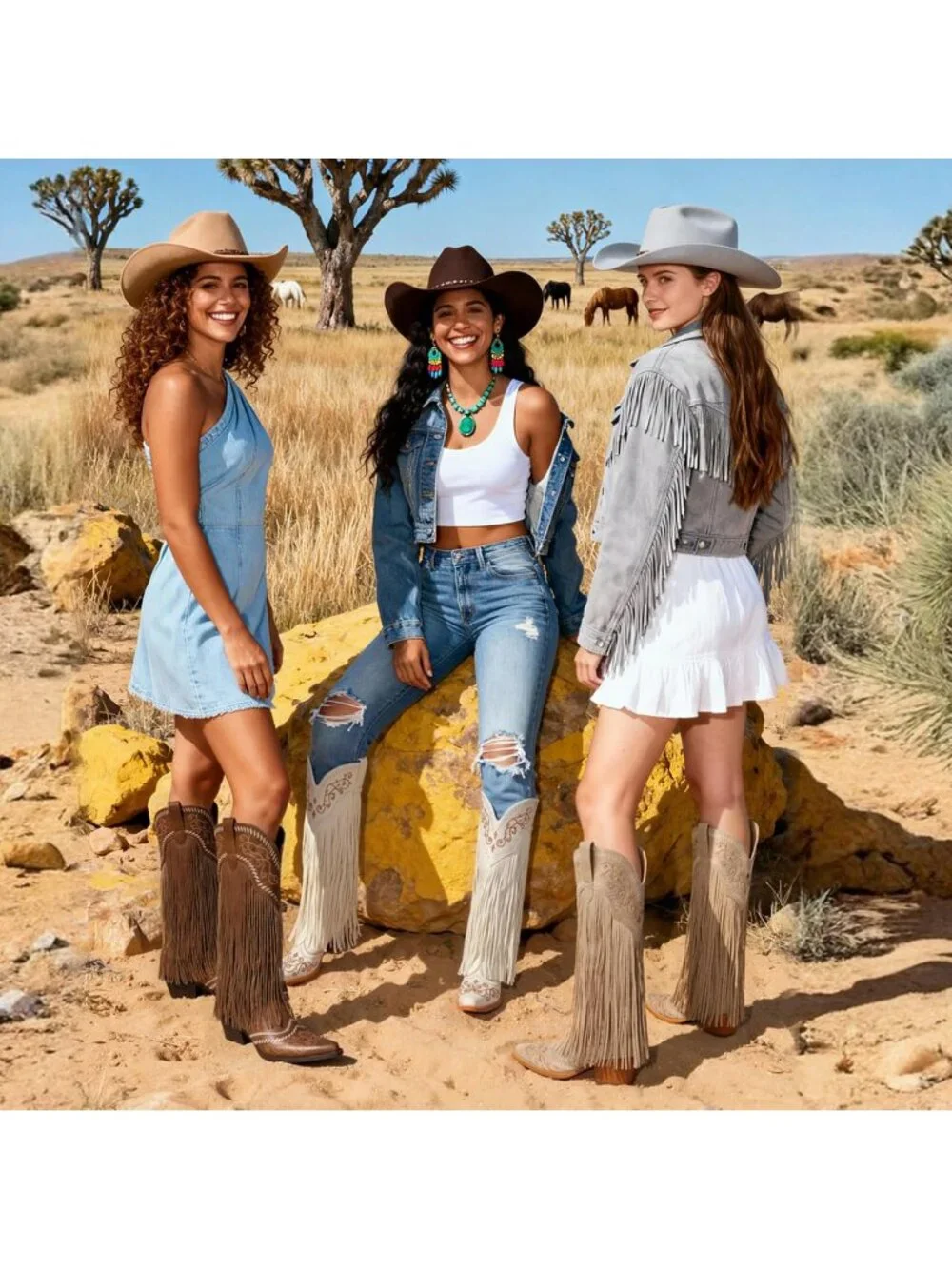 Women's White Knee High Pointed Toe Fringe Cowboy Mid Block Heel Boots