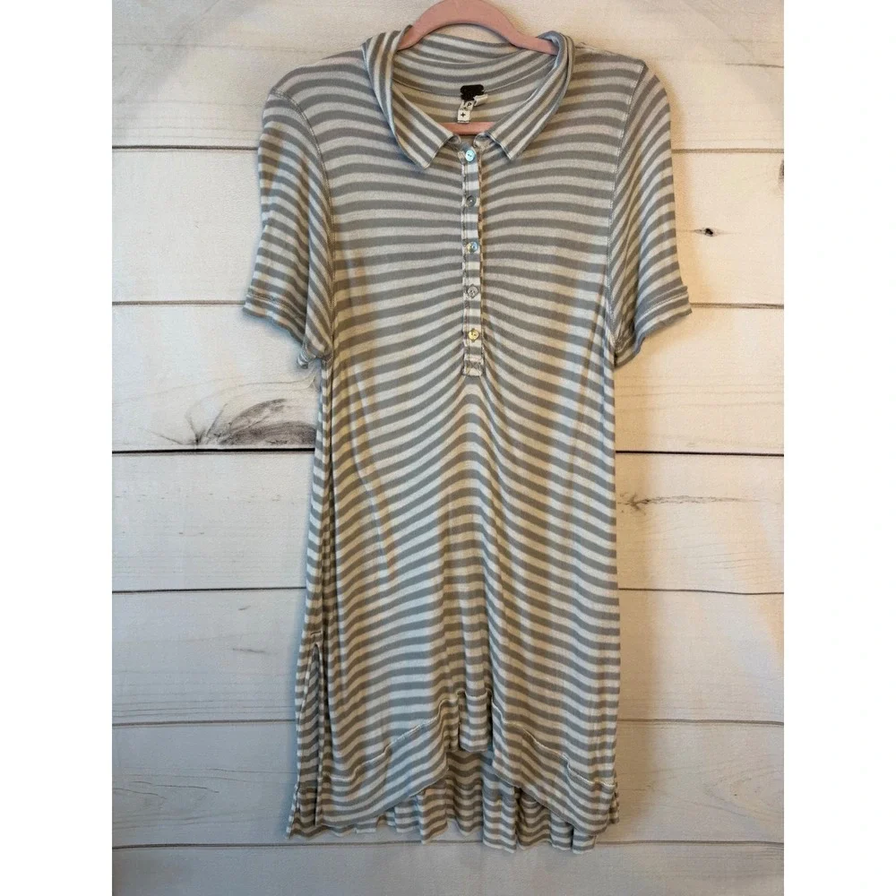 We The Free Free People Grey Striped Polo Tunic Top Short Sleeve Button Up XS