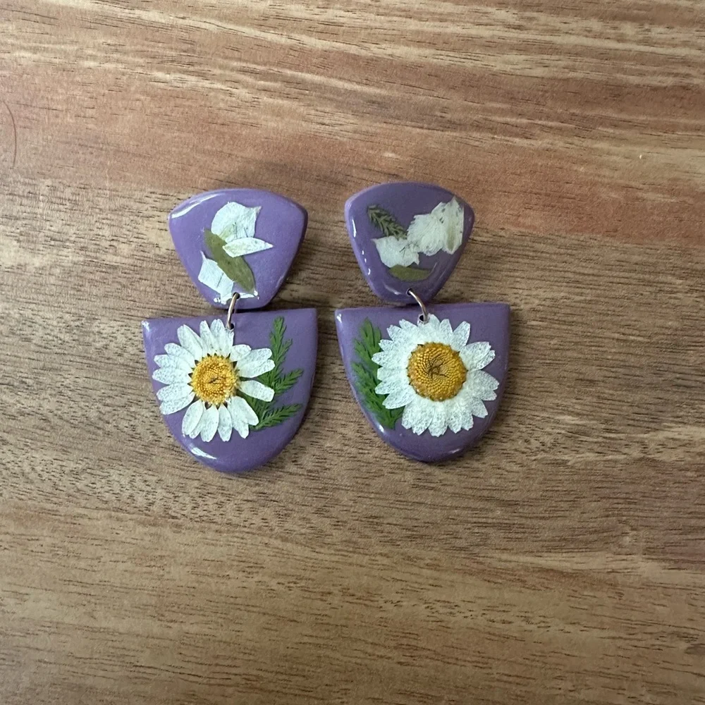 Handmade Purple Enamel Painted Flower Drop Earrings