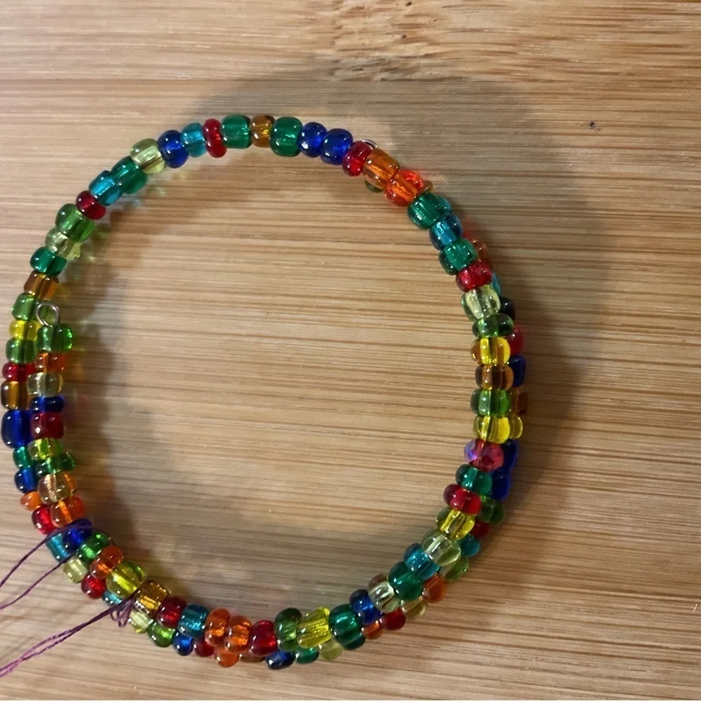 Hand Crafted Wrap Bracelet Seed Beads Blue Green Red Orange Memory Wire