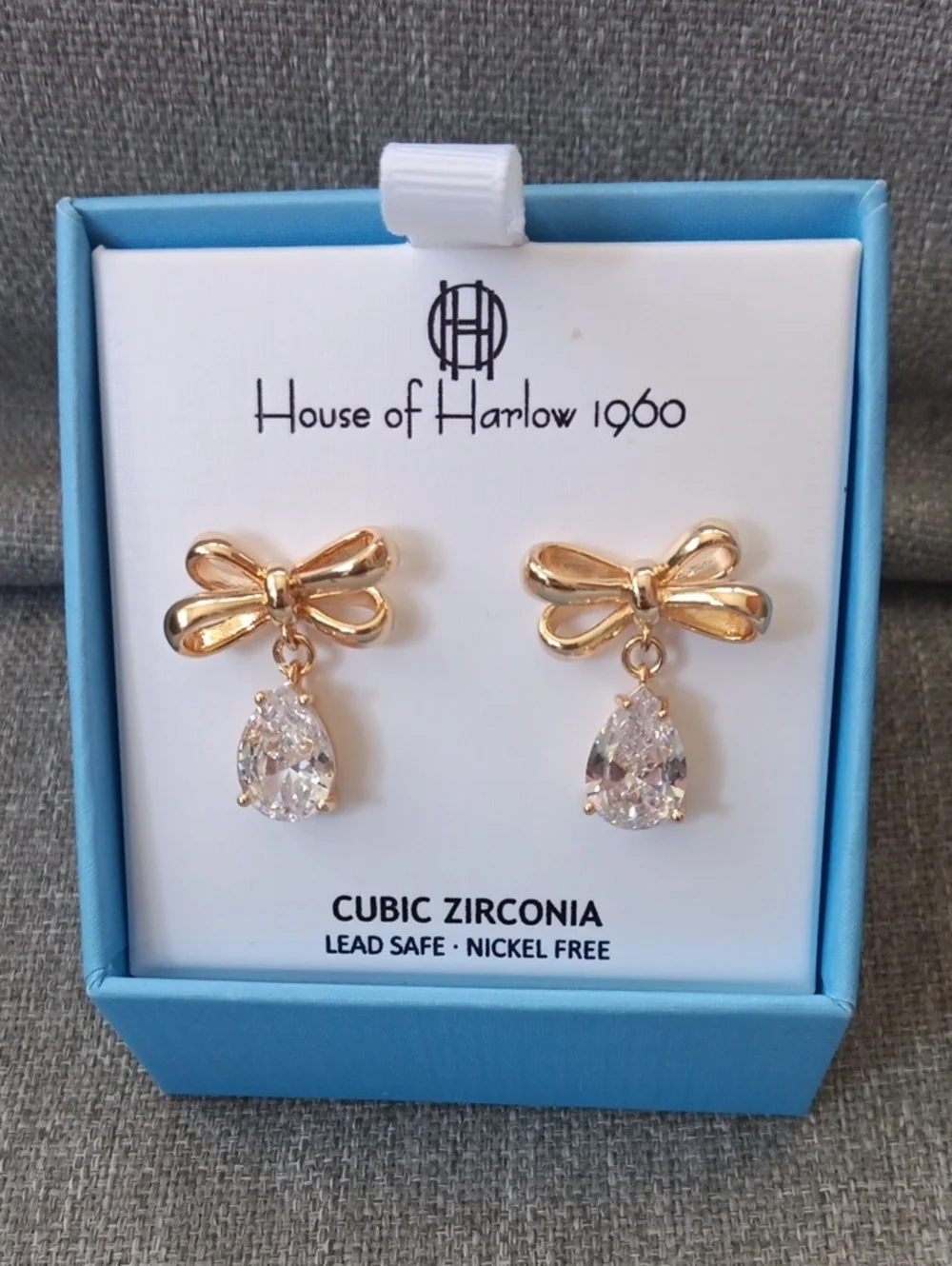 House of Harlow 1960 Gold Bow Earrings with Clear Teardrop Cubic Zirconia NIB