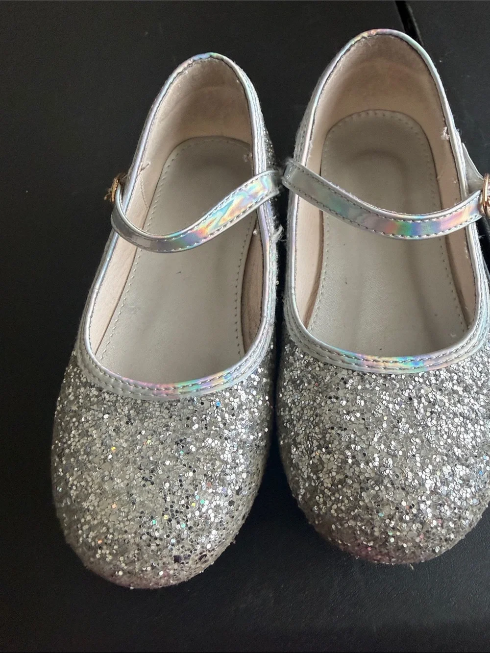 Silver Glitter Mary Jane Shoes for Kids with Holographic Strap
