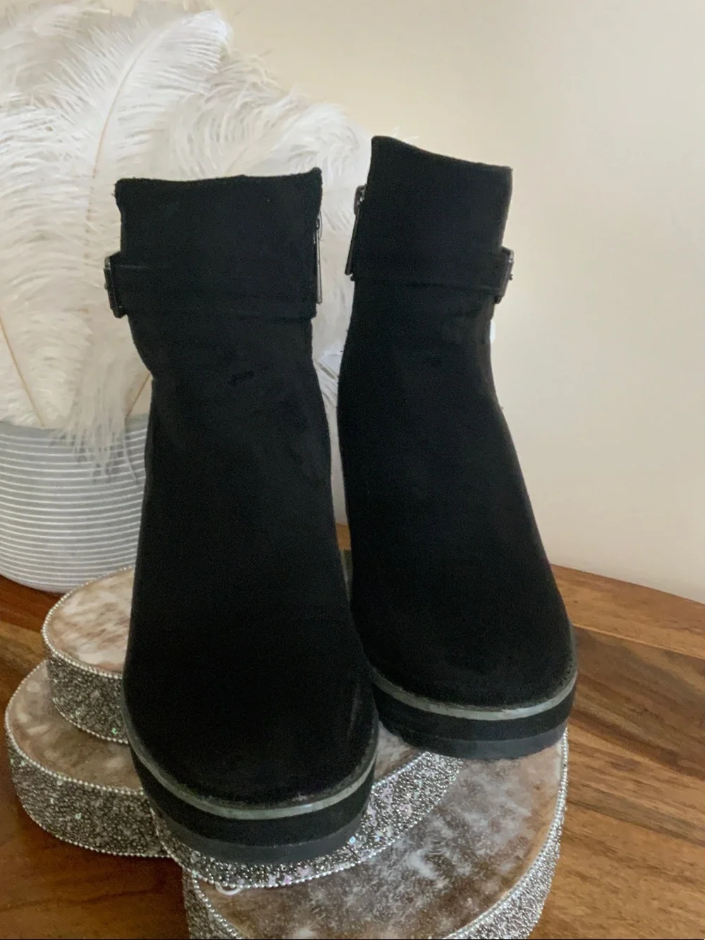 Anne Klein Black Suede Wedge Ankle Boots with Buckle