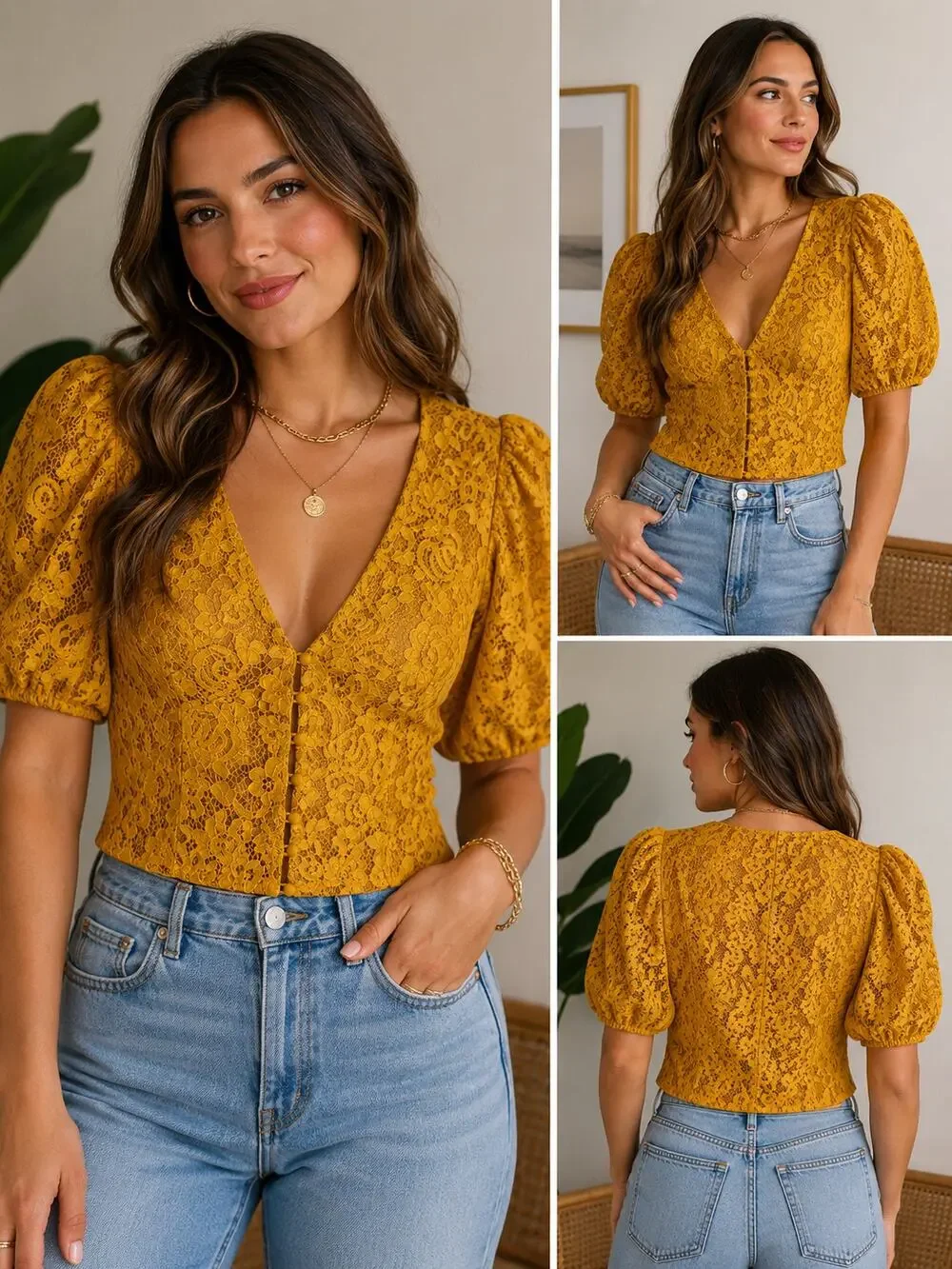 House of Harlow 1960 x REVOLVE Yellow Lace Puff Sleeve Hook Front Crop Top