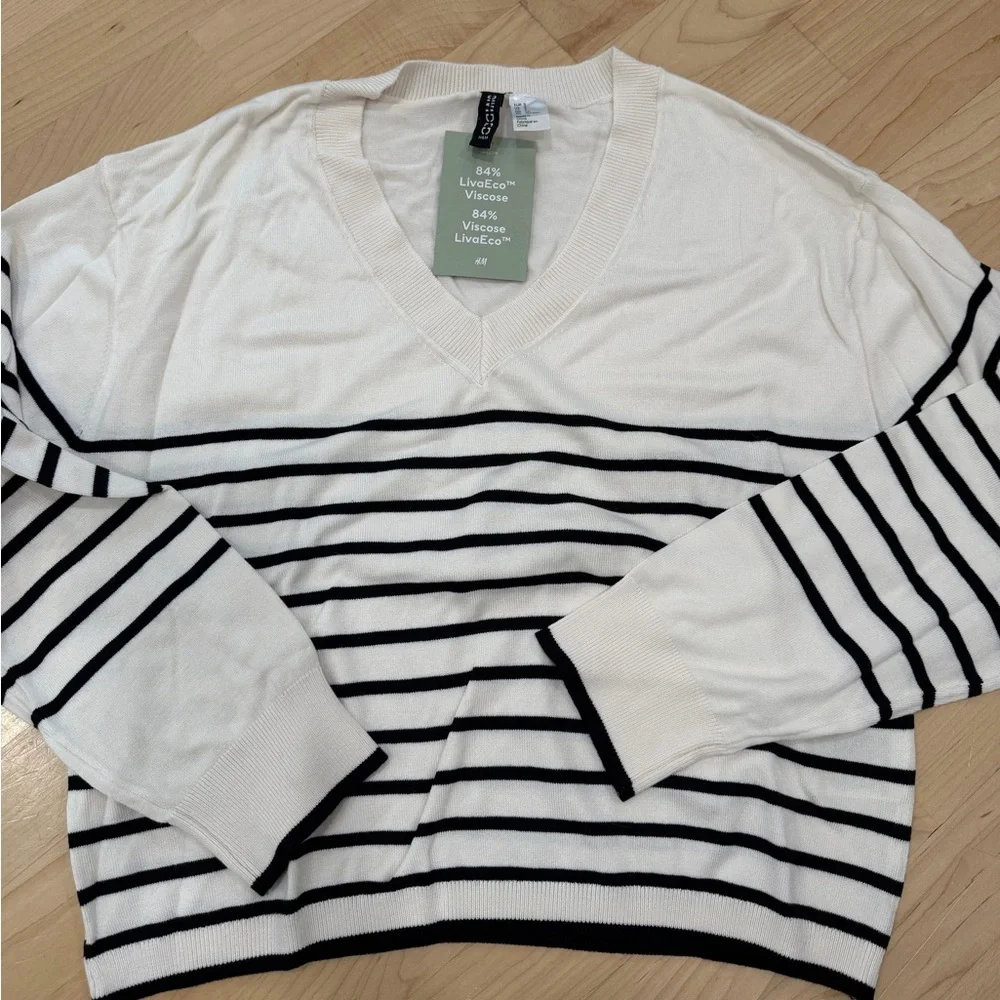 H&M Black and White Striped V-Neck Sweater