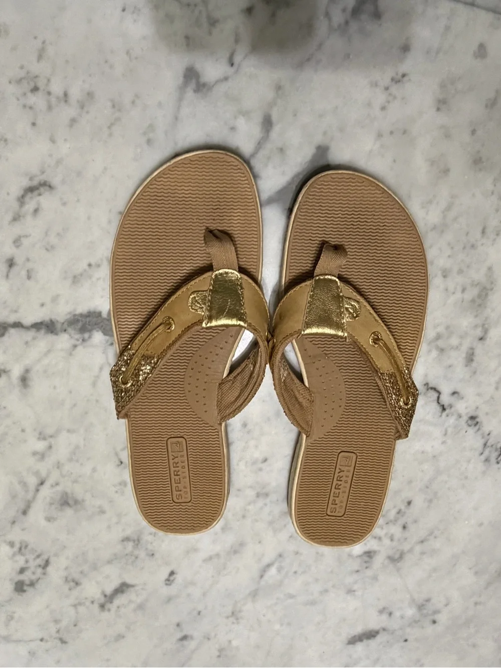 Sperry Women's Metallic Gold and Tan Flip Flop Sandals