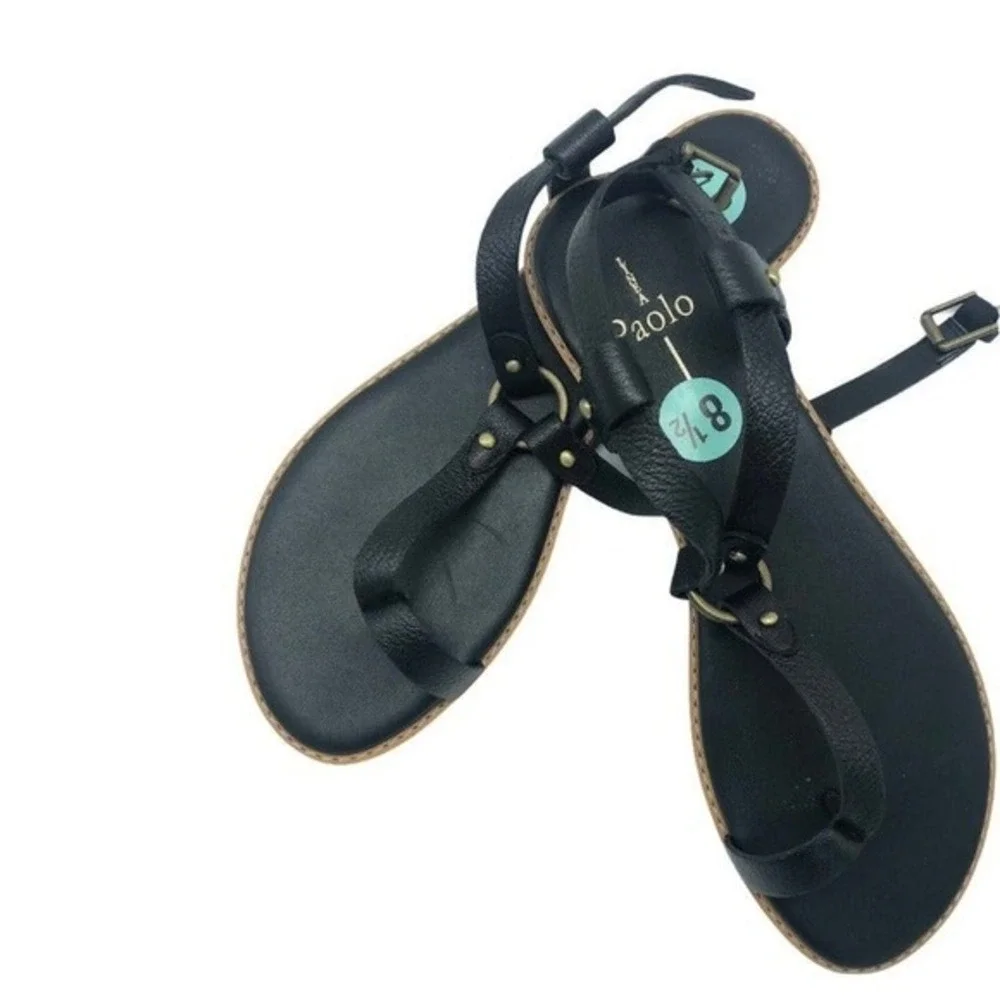 Linea Paolo Black Pebbled Leather Toe‎ Loop Flat Sandals Womens 8.5