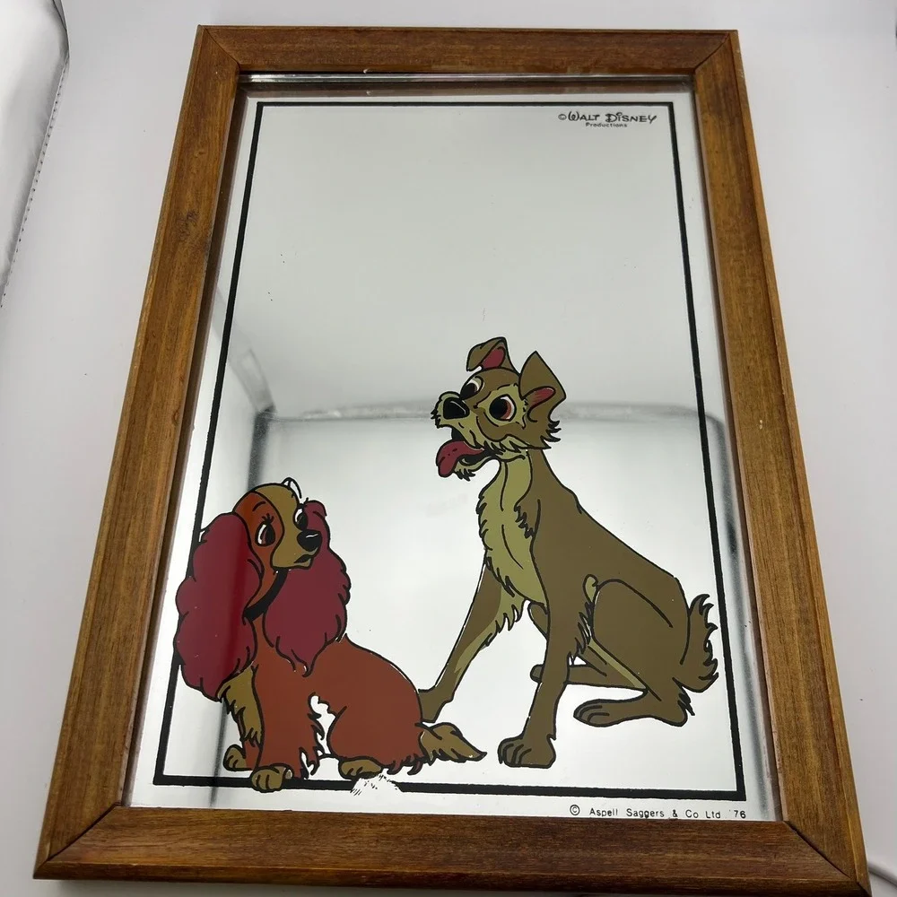 Vintage 1976 Disney‎ Lady & the Tramp Mirror Wood Frame Aspell Saggars