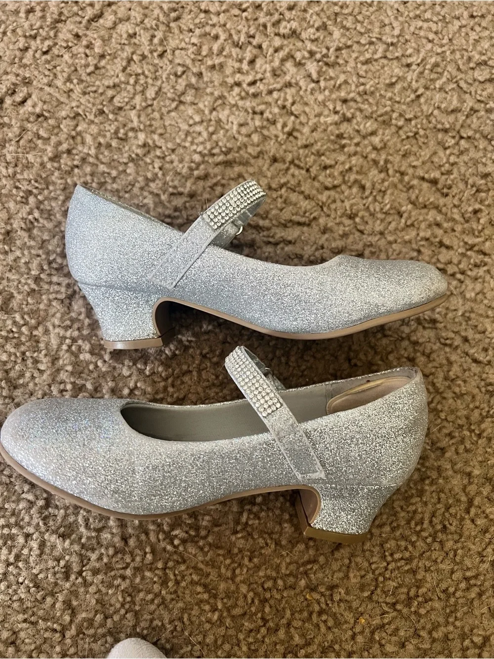 Girls Silver Glitter Mary Jane Shoes with Rhinestone Strap