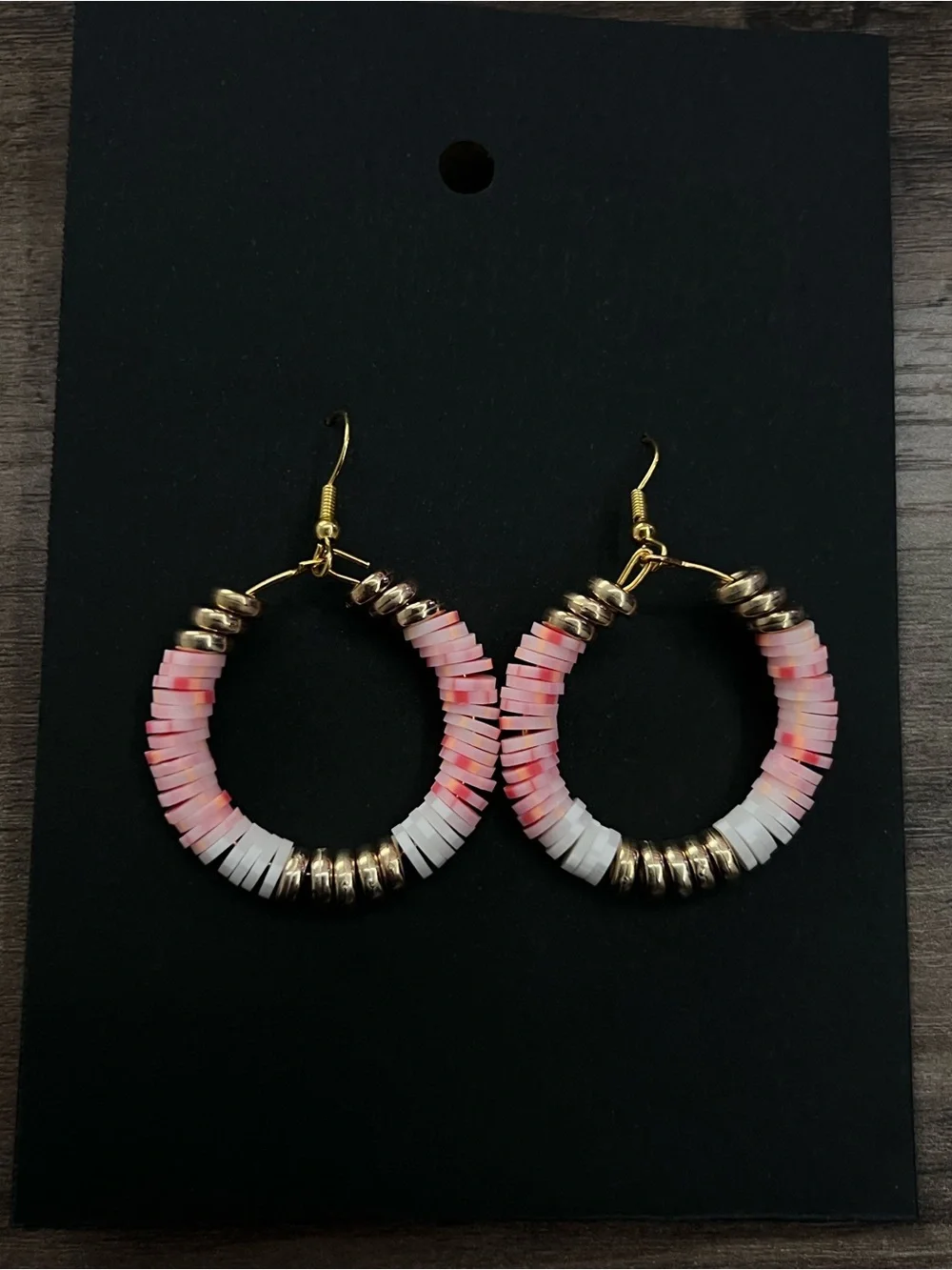 Handmade Pink & White Beaded Hoop Earrings | Lightweight Gold Tone Earrings
