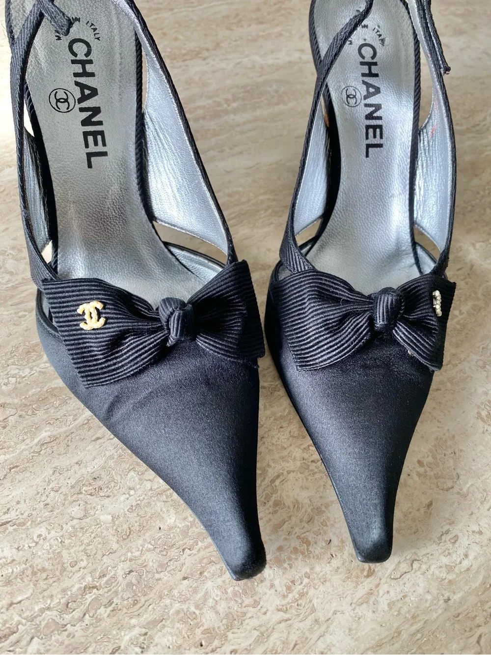 Vintage Chanel Satin Grosgrain Pearl CC Bow Slingback Heels