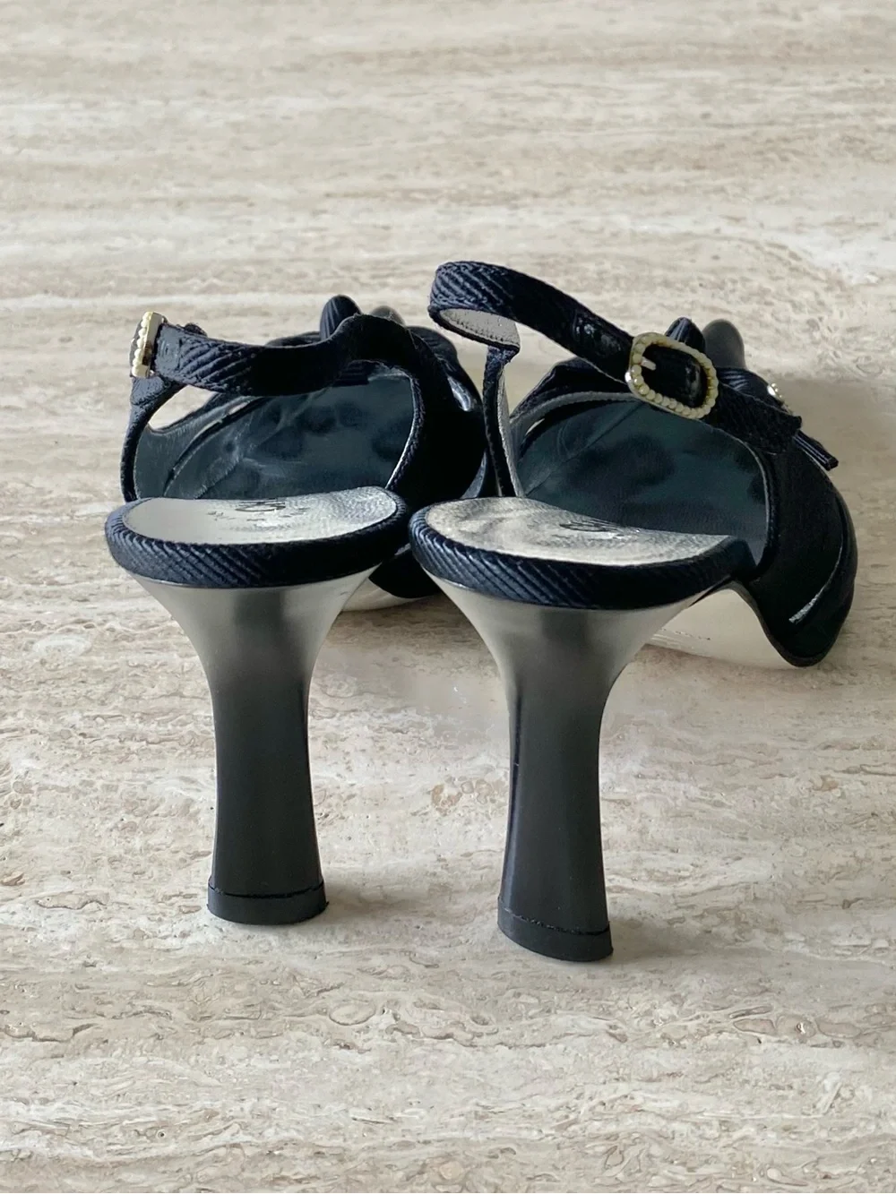 Vintage Chanel Satin Grosgrain Pearl CC Bow Slingback Heels