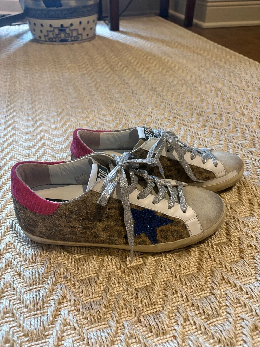 Golden Goose Leopard Print Sneakers with Blue Star Accent