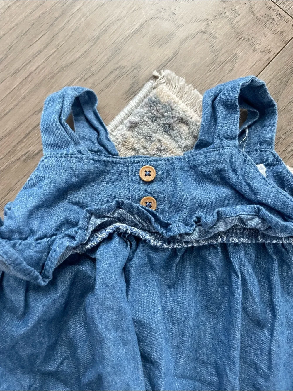 Tahari Blue Denim-Style Baby Romper with Ruffle Trim