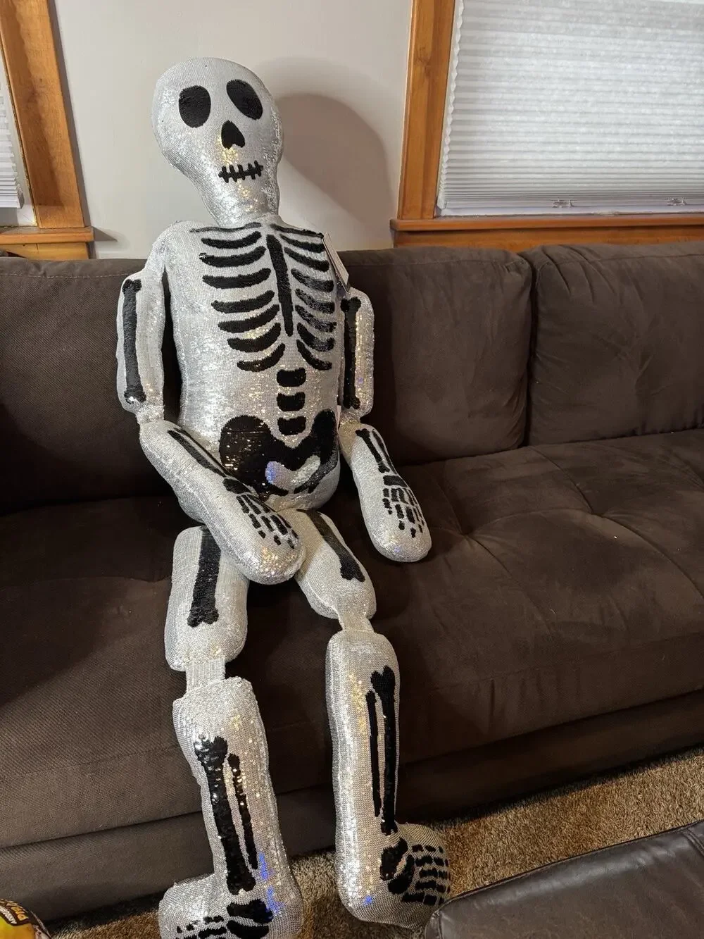 NEW!! 2025 Isaac Mizrahi 5 ft. Silver Sequin Skeleton Plush Pillow HTF Halloween