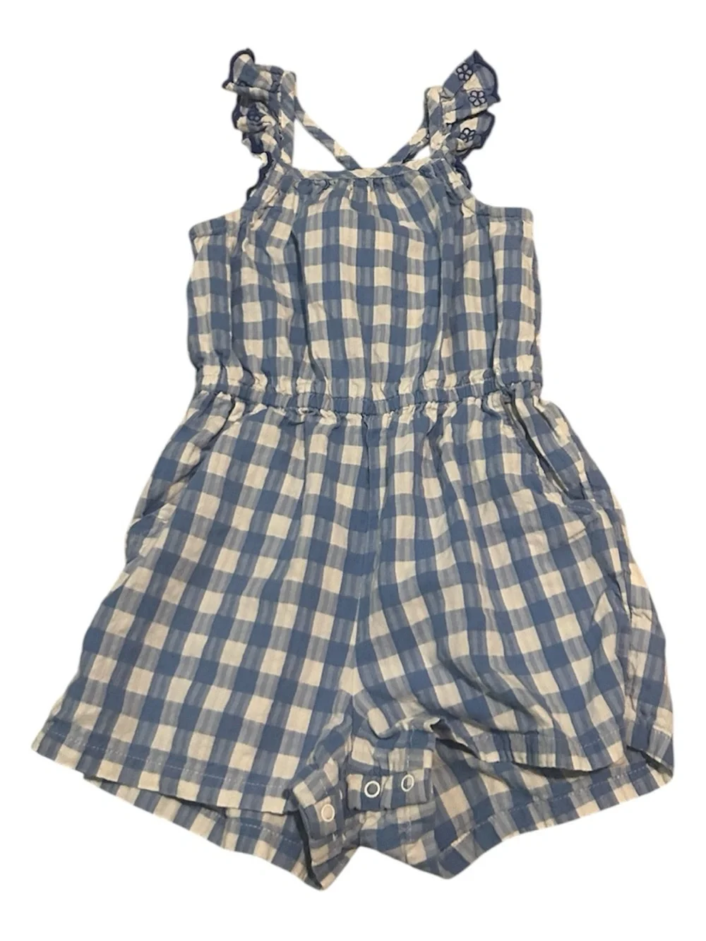 Blue and white toddler girl gingham print romper size 2t
