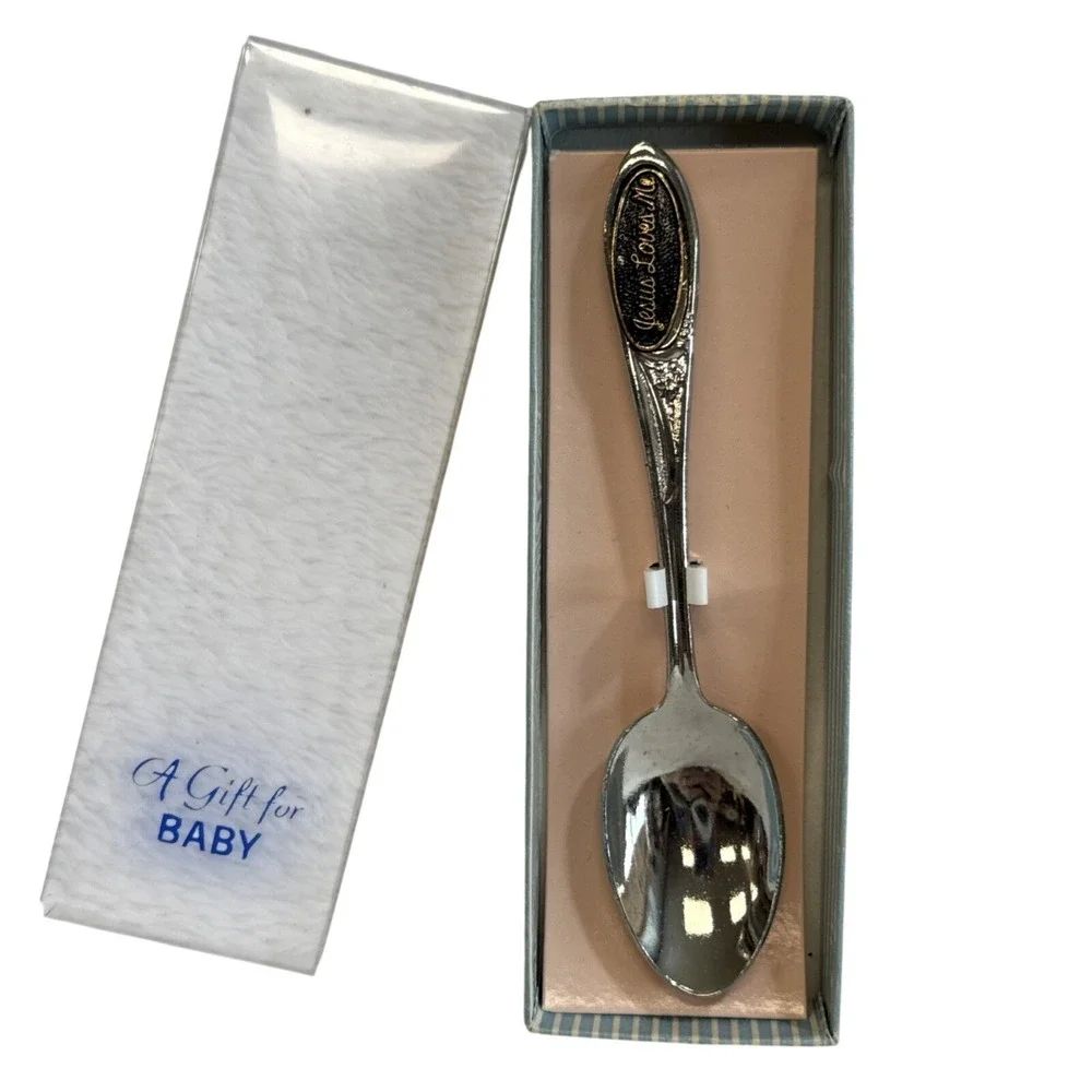Vintage Silver Tone Jesus Loves Me Baby Spoon Keepsake with Box