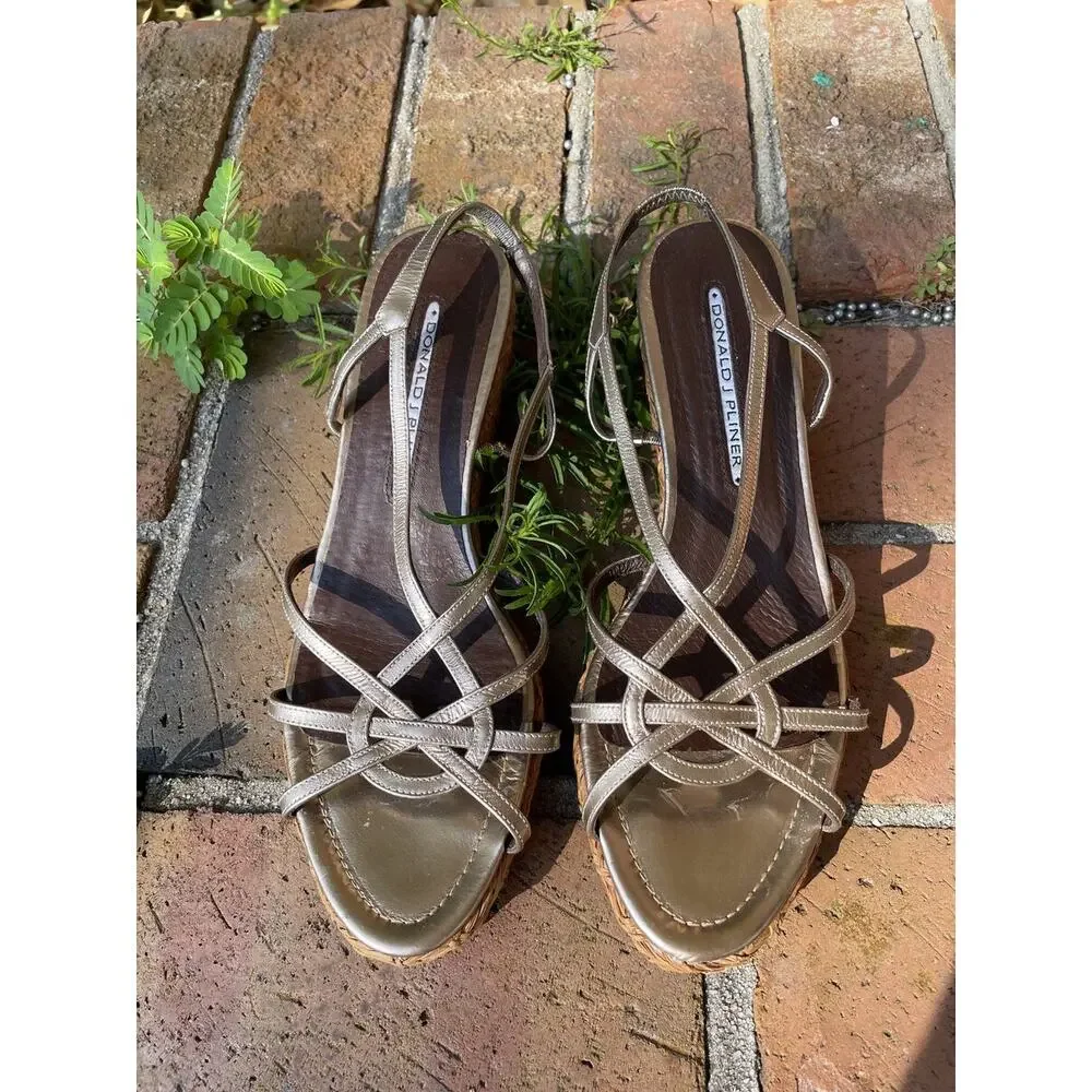 Donald J Pliner Bronze Metallic Woven Wedge Slingback Sandals Sz 8.5