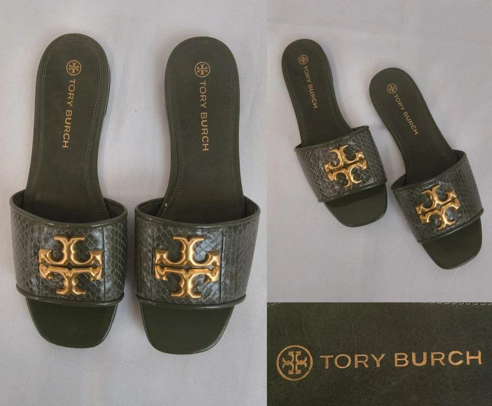 Tory Burch Eleanor Size 9.5M Stamped Snake Leather Green Gold Logo Flats #W5191