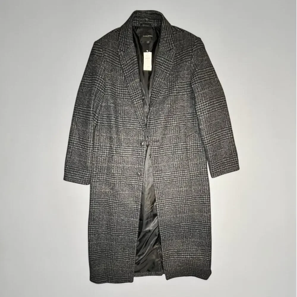 $300 Retail Banana Republic Grey Plaid Wool Blend Long Coat Mens Size S NWT