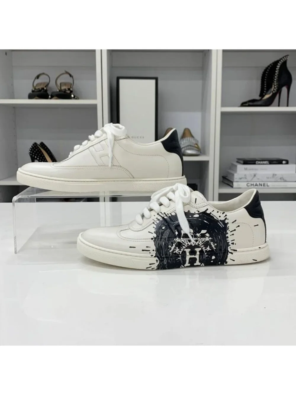 Hermes Quicker Leather Fresh Paint Sneakers White Black