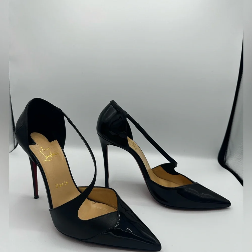 Christian Louboutin Black Patent Leather T-Strap Pointed Toe Pumps