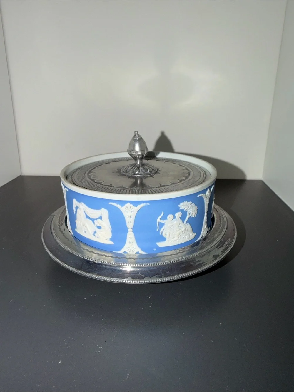 Antique Wedgwood Light Blue Jasperware Lidded Butter Dish w/ Silverplate Stand