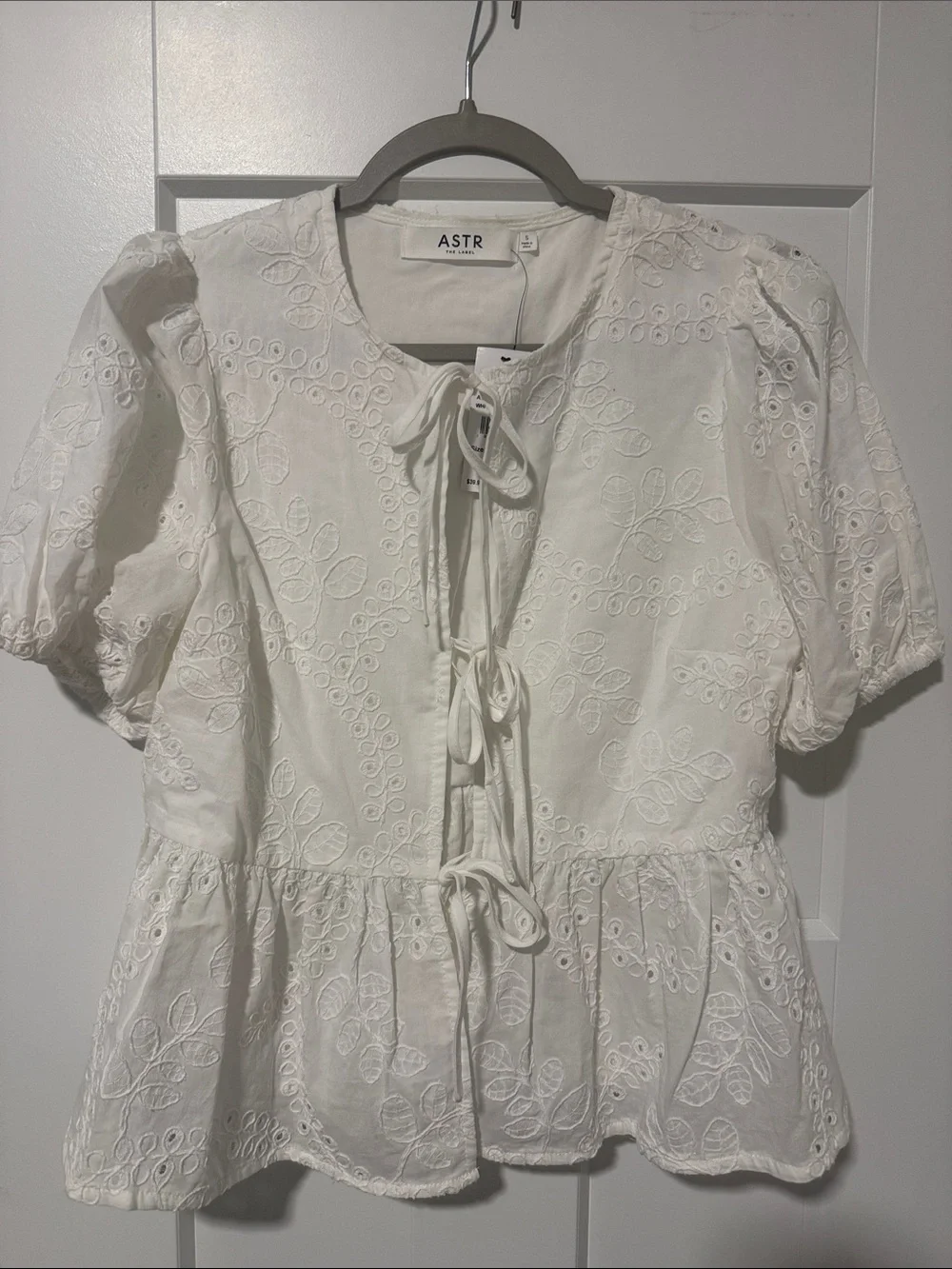 Astr White Embroidered Tie-Front Peplum Blouse