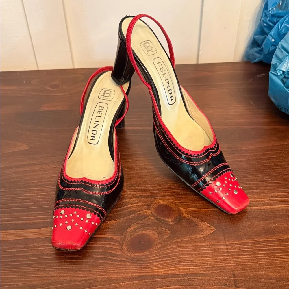 Vintage Red pinup whimsigoth Black Studded Slingback Heels Square Toe Punk 37
