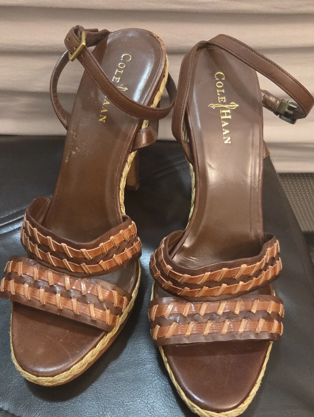 Cole Haan Vanessa Nike Air Brown Woven Leather Platform Heels Ankle Strap Sz 10
