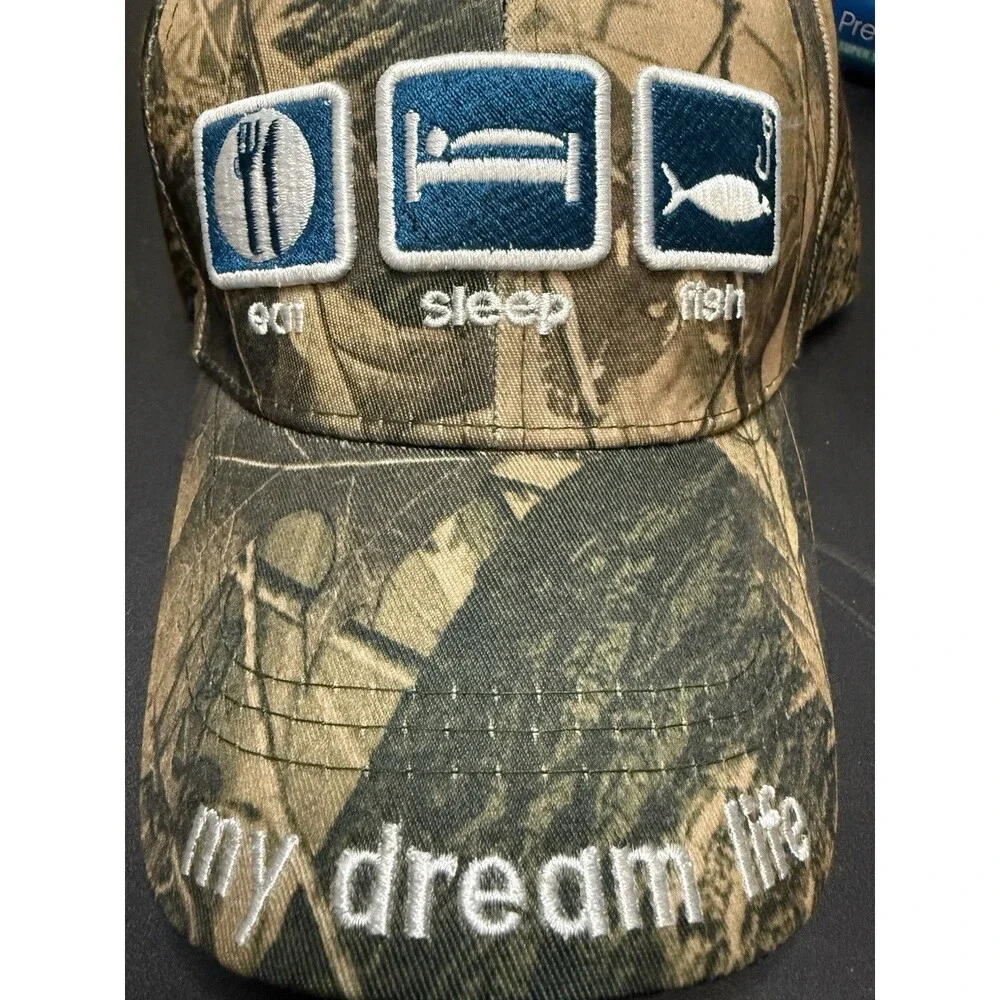 Camo Adjustable Strap Cap Trucker Eat Sleep Fish Hat NEW