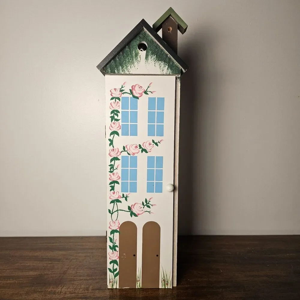 Vintage Hand Painted House-Shaped Curio Cabinet Folk Art Cottagecore 3 Shelves