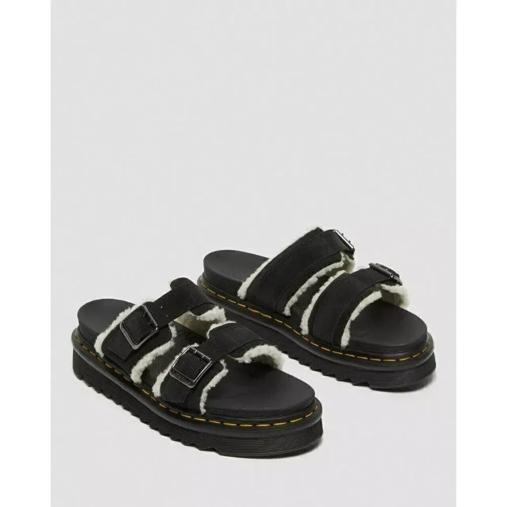 Dr. Martens Myles Sandals Unisex US M11 W12 Black Suede Faux Fur  Platform Slide
