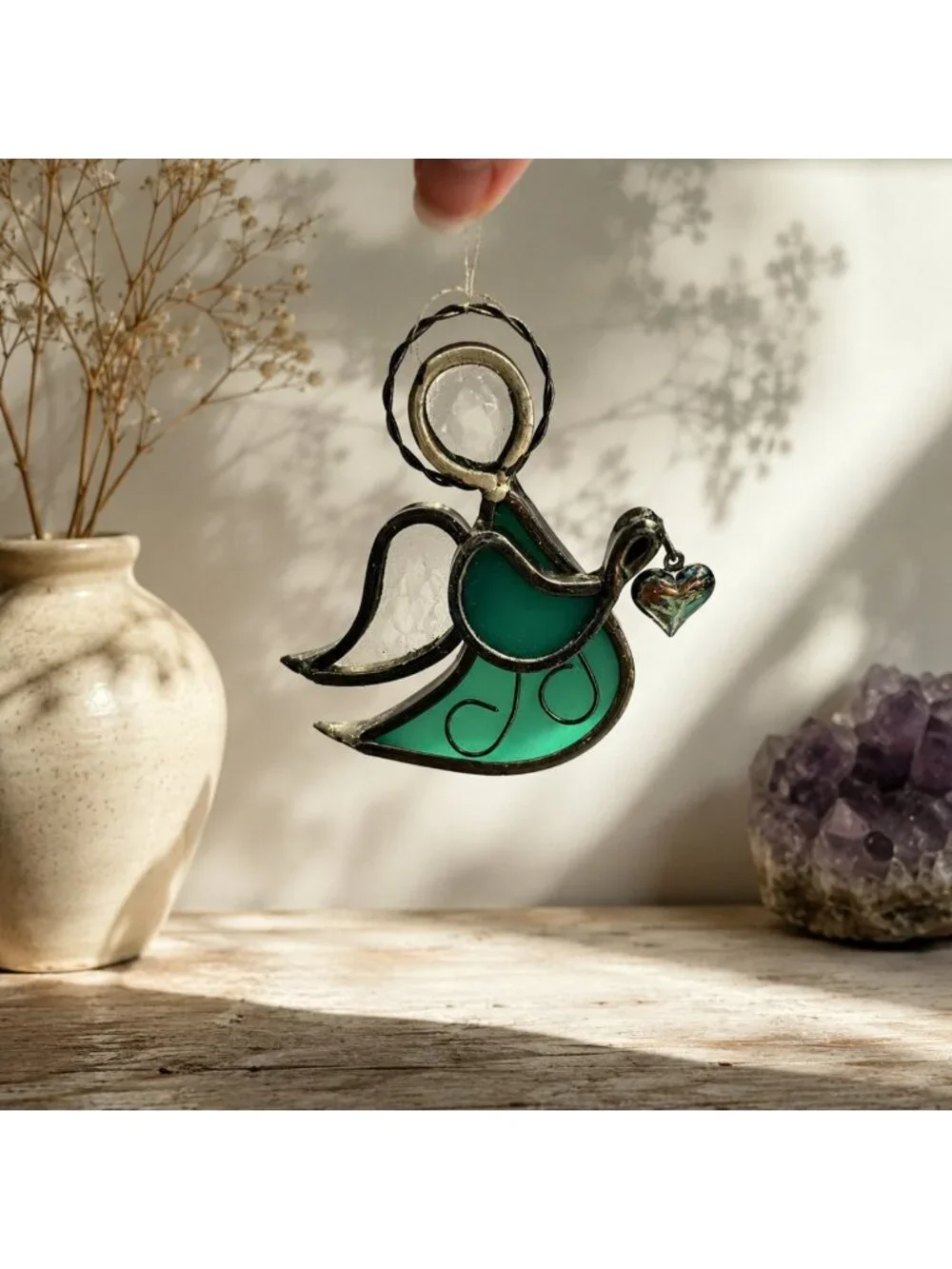 Vintage Stained Glass Angel Ornament Suncatcher Green w/ Hanging Heart 2.75