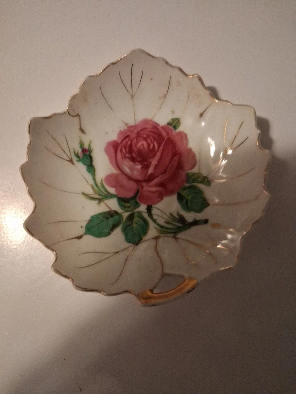 Vintage Leaf-Shaped Trinket Dish Porcelain,  Pink Rose Motif
