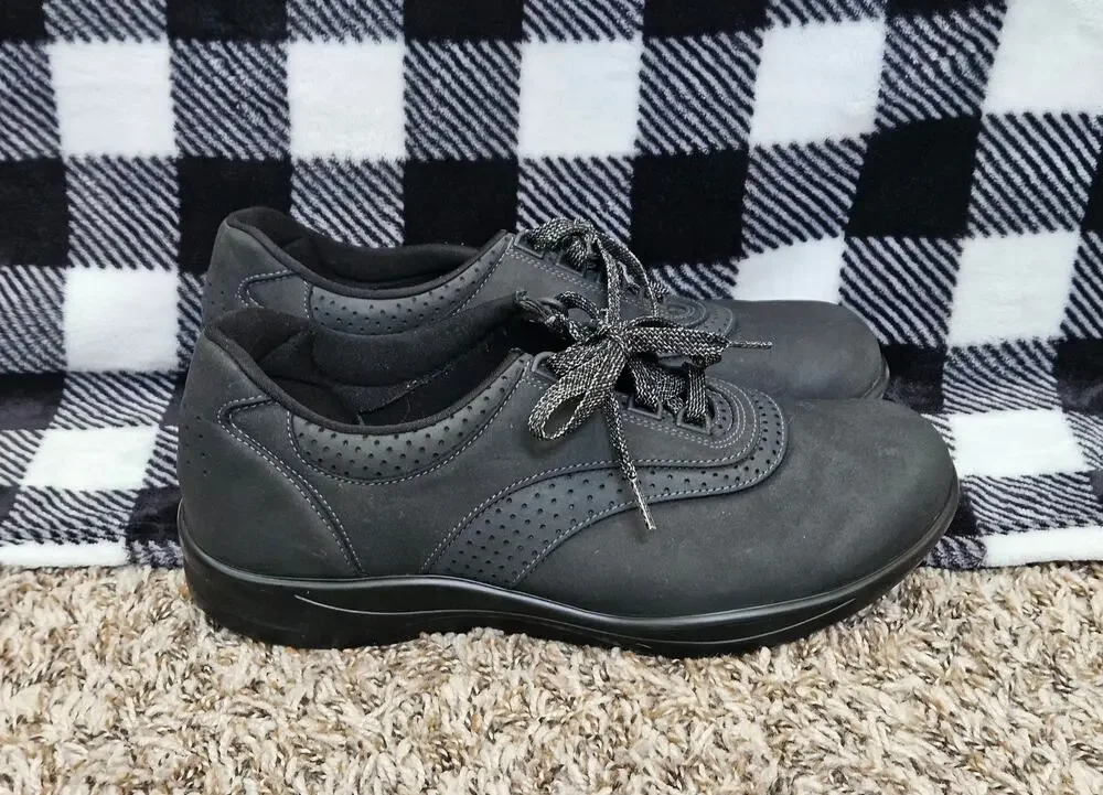 SAS Walk Easy Womens 10W Black Nubuck Leather Comfort Lace Up Walking Shoes