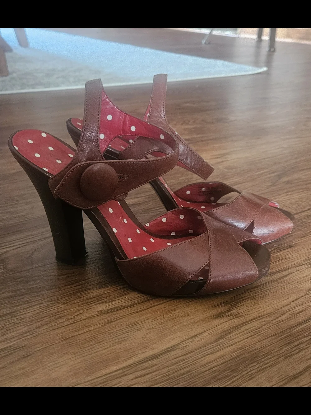 Chinese Laundry Brown Peep-Toe Heels with Red Polka Dot Insole