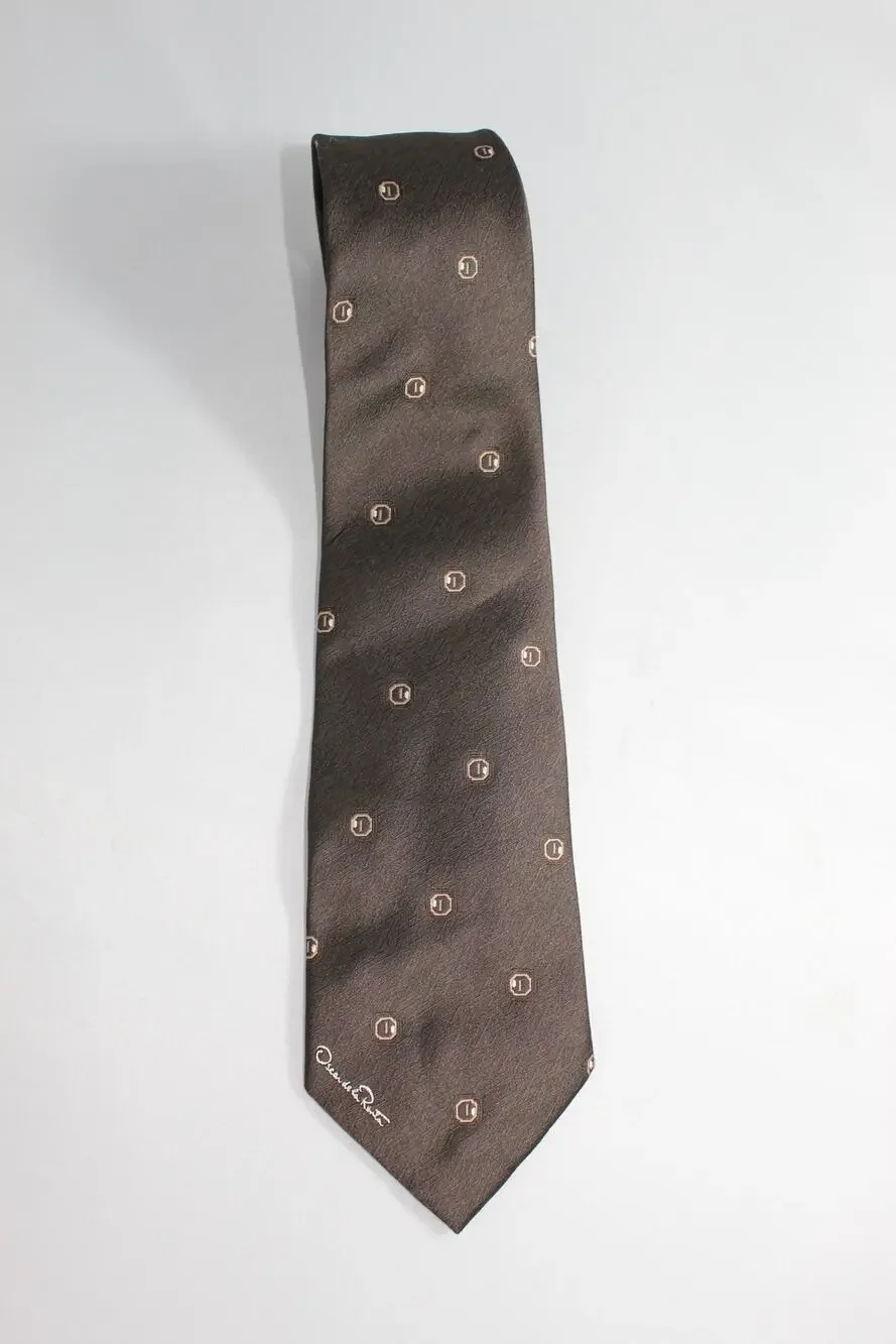 Oscar de la Renta men's tie brown career office script logo Vintage 90s