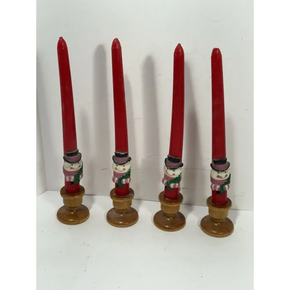 Vintage Set‎ Of 4 Candles Red Avon Taper Christmas Sculpted W/ Wooden Holders