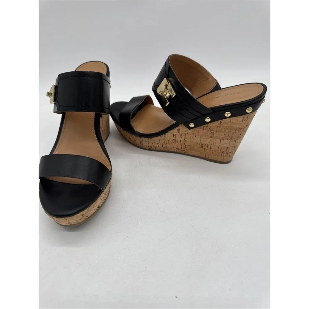 Tommy Hilfiger Cork Wedge Sandals Twmadasen Black Size 7.5