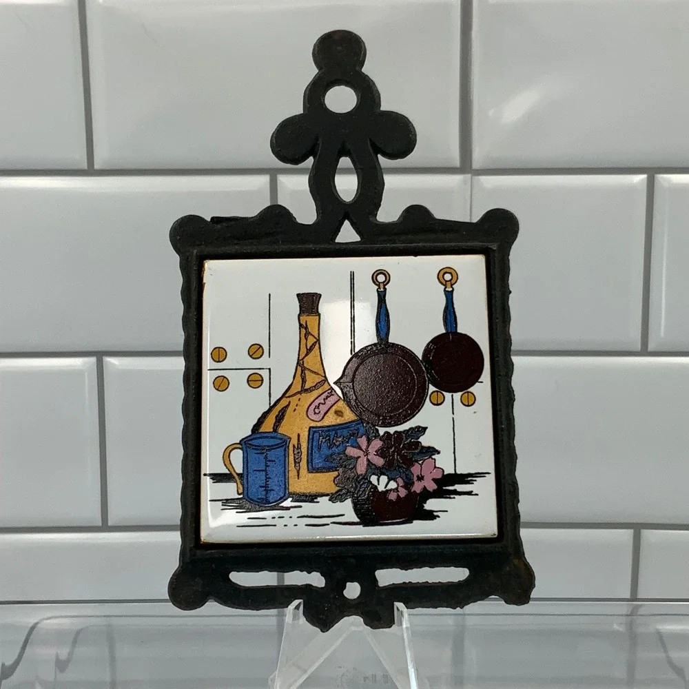 Vintage San-Huan Cast Iron Ceramic Tile Trivet Kitchen Wall Decor Still Life