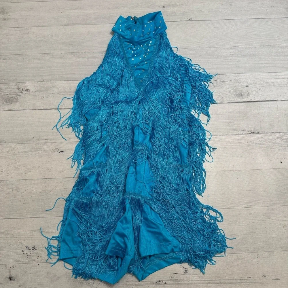 Weissman Dance costume aqua blue sassy fringe dress Spice‎ Up Your Life 14130 MC