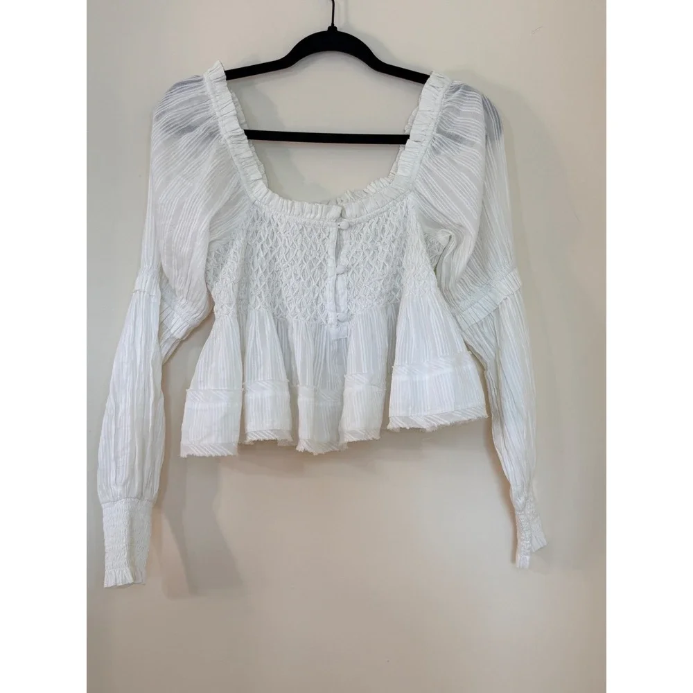 Anthropologie White Smocked Peplum Blouse Square Neck Long Sleeve