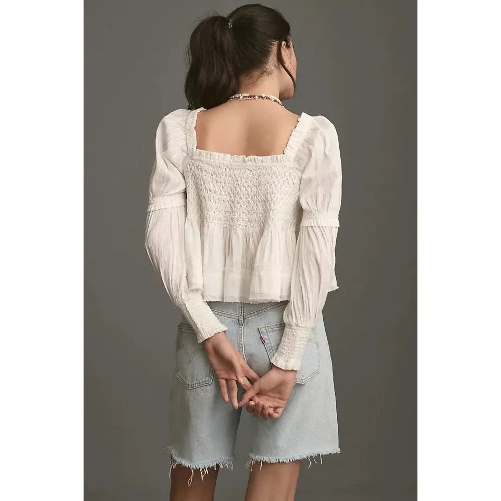 Anthropologie White Smocked Peplum Blouse Square Neck Long Sleeve