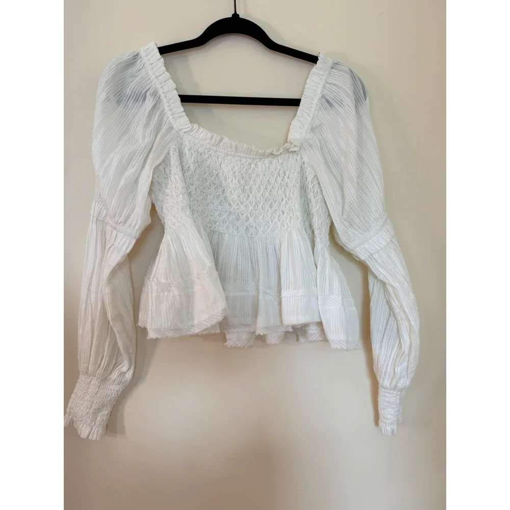 Anthropologie White Smocked Peplum Blouse Square Neck Long Sleeve