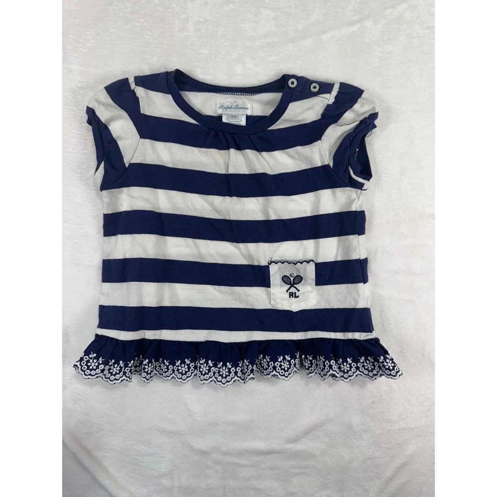 Ralph Lauren Striped Ruffle Hem Top 24M Navy White Tennis Logo Toddler Girls