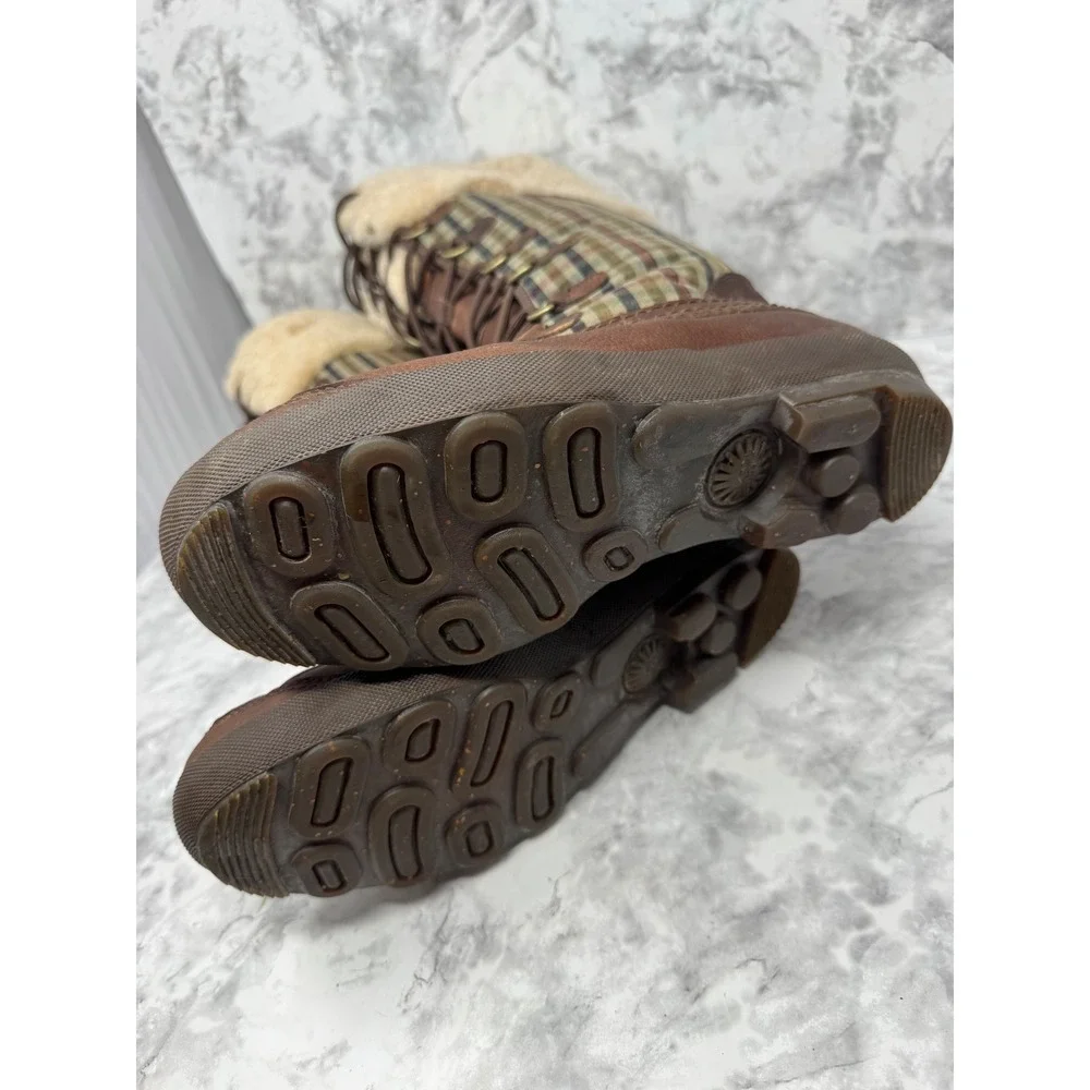 UGG Australia Adirondack Tall Plaid Snow Boots Brown Leather Sheepskin   10