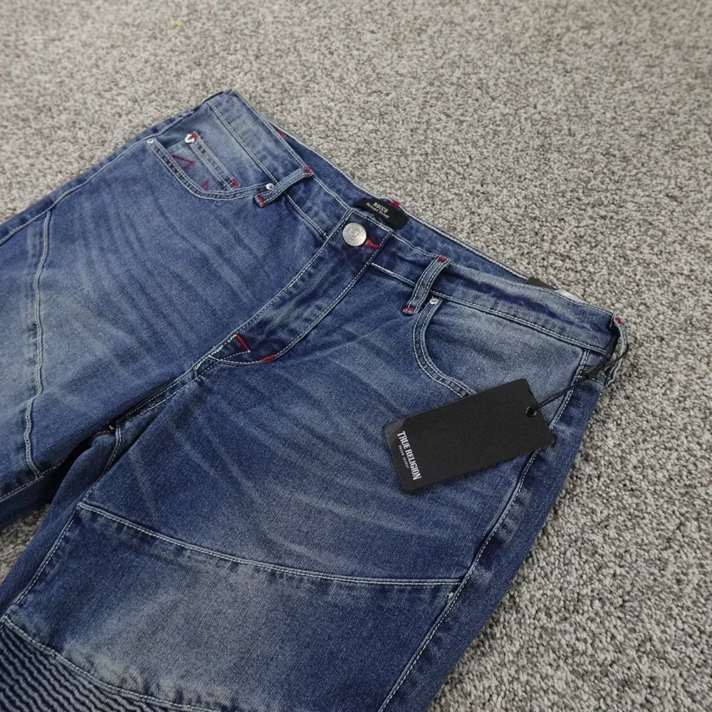NEW True Religion Jeans Mens 33X32 Dark Blue Denim Rocco Moto Relaxed Skinny‎