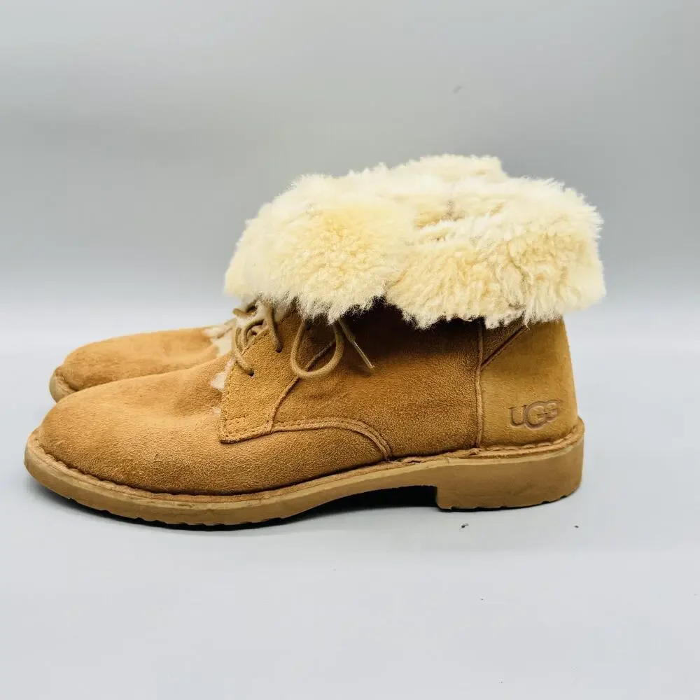 UGG Boots Womens 8 Brown Suede Quincy Shearling Lined Lace Up Ankle Winter Shoes